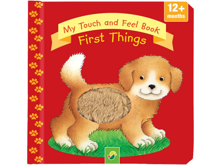 Red touch and feel baby book, 'My First Things', featuring a puppy with soft texture.
