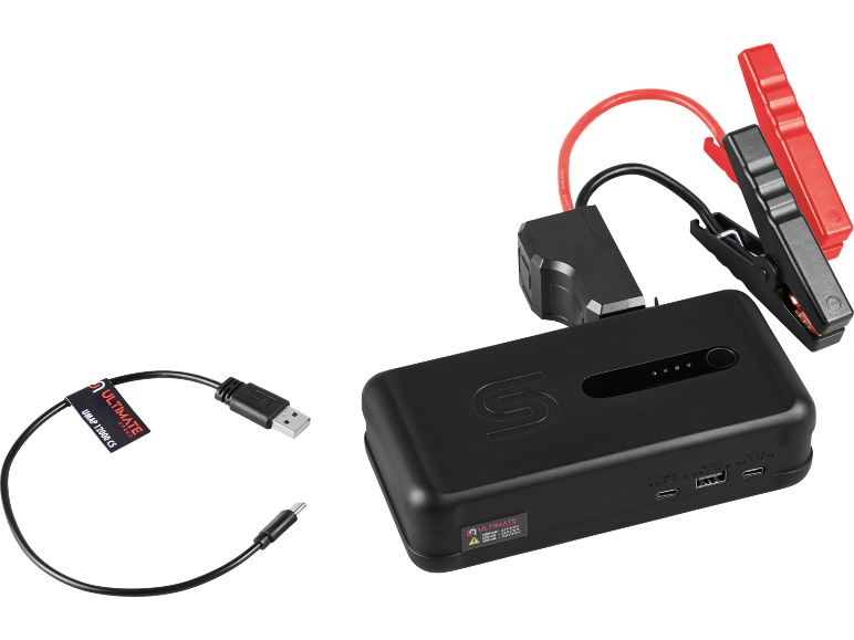 Black jump starter with jumper cables and a USB charging cable.