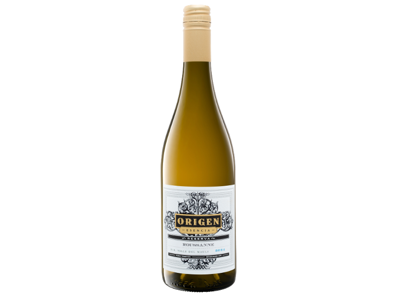 White wine bottle with a white and gold label, featuring 'ORIGEN ESENCIA RESERVA ROUSSANNE'.