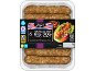 Pack of 6 caramelised onion pork hotdog sausages, with a hotdog serving suggestion.
