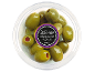 Green olives with pepperoni and garlic in a clear container, 150 g.