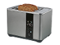 Modern stainless steel toaster with digital display and two slices of whole grain bread.