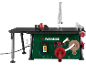 Green and black table band saw with red and yellow controls, displaying angles from 0° to 45°.
