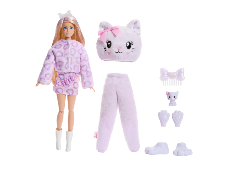 Fashion doll with plush cat costume, mini pet, and accessories
