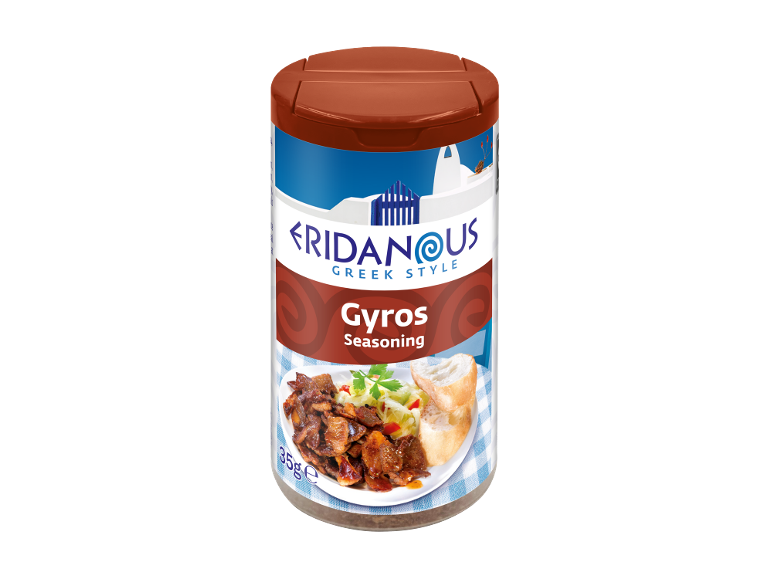 Greek style gyros seasoning jar with an image of gyros on a plate.