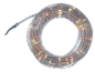 Coiled LED rope light with red and yellow lights on a black background.