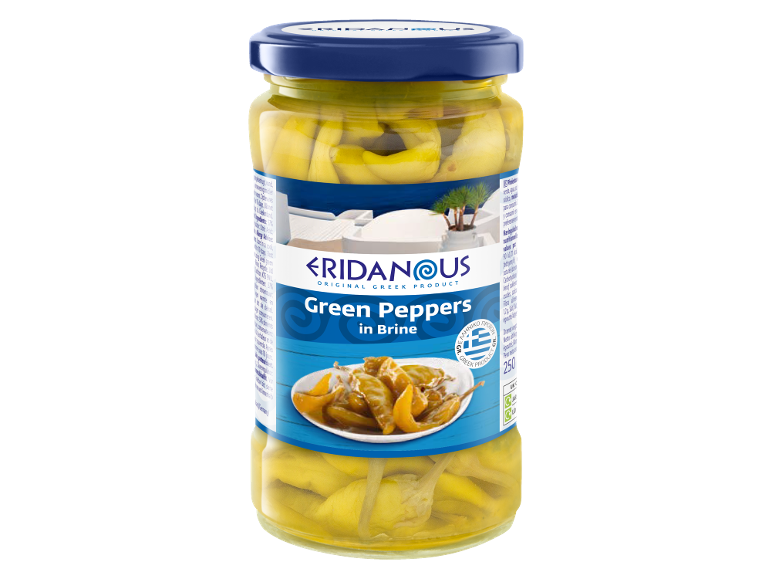 Jar of green peppers in brine, with a blue label featuring a Greek landscape.
