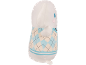 White plush toy wearing a blue and beige argyle vest, with embroidered face details.