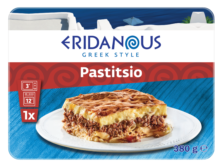 Greek style pastitsio dish on a white plate, ready for heating.