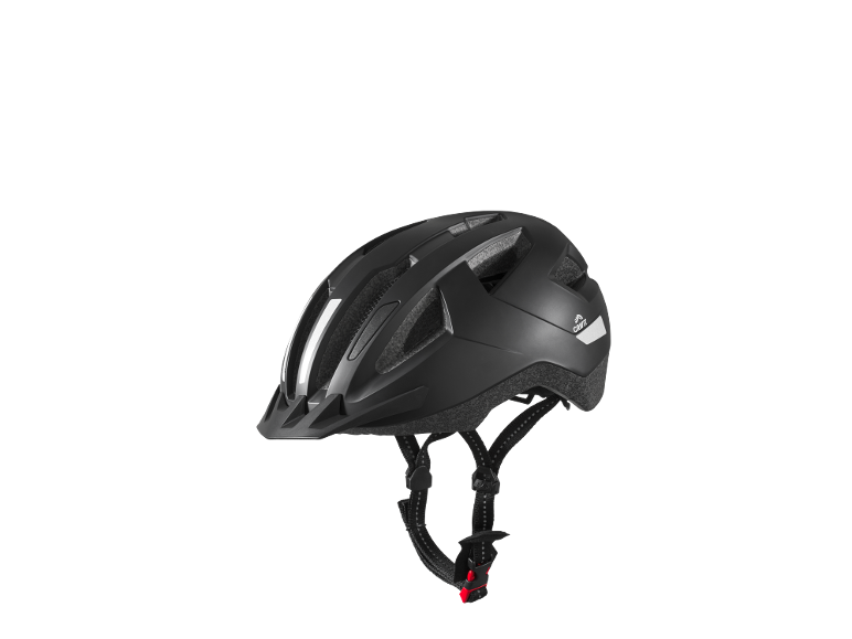 Black bicycle helmet with white reflectors and a red buckle.