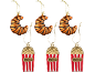 Tiger croissant and red-and-white striped popcorn Christmas ornaments.