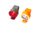 Two clip-on lights, one red and one orange, for running or cycling safety.