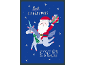 Blue Christmas card with 'Best Christmas EVER!' text and Santa Claus riding a unicorn.