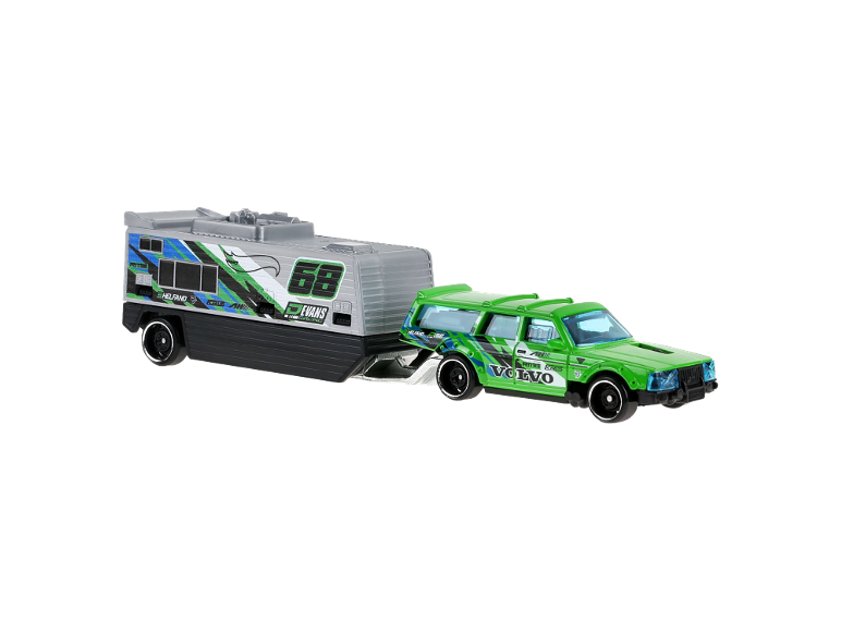 Green racing car and grey trailer with racing graphics and the number 68.