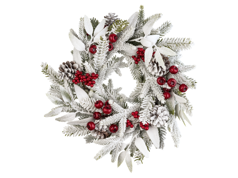 Christmas wreath with snowy branches, red berries, and pinecones