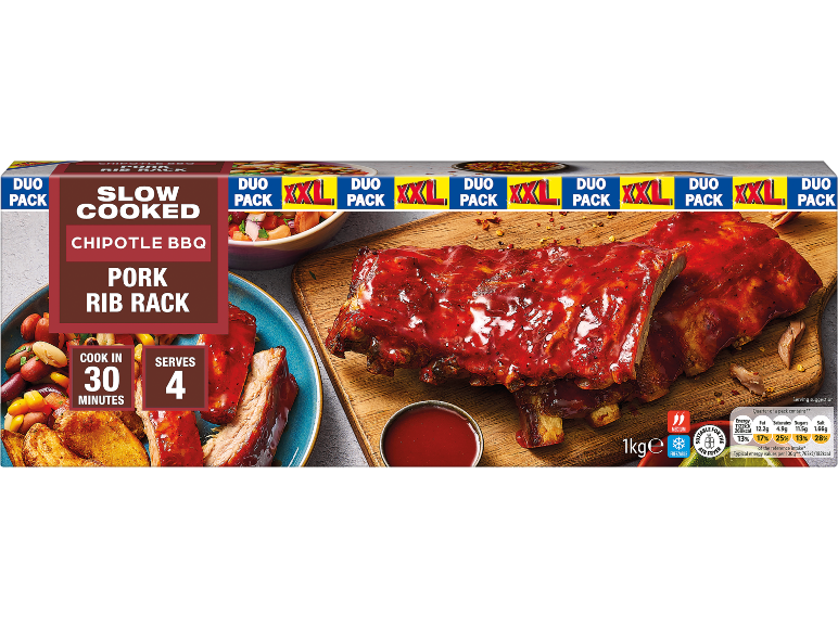 Chipotle BBQ pork rib rack, 1 kg pack.