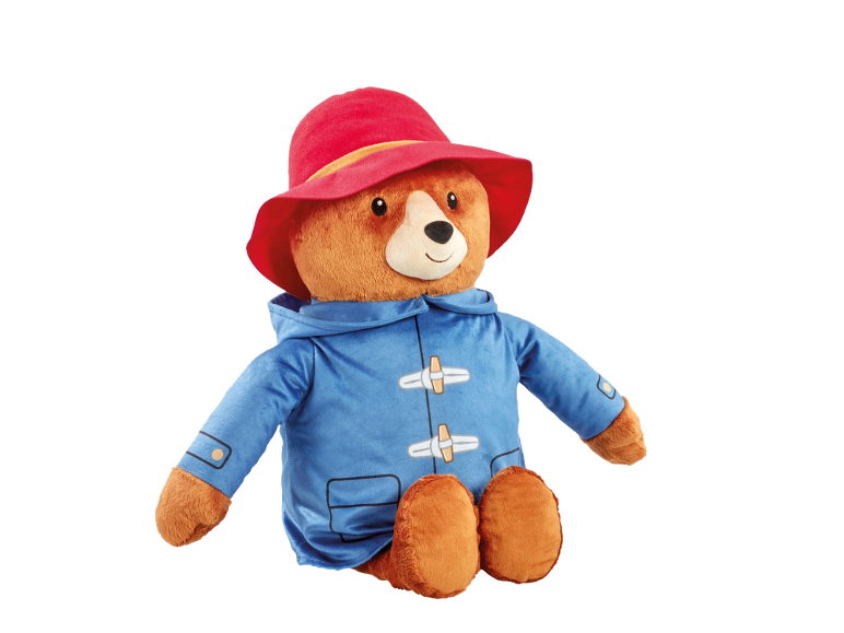 Brown plush bear with red hat and blue coat