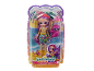 Doll with purple hair and pink sloth in packaging, beach theme.