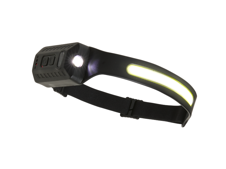 Black LED headlamp with bright white light and yellow light strip.