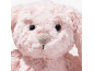 Close-up of a soft pink plush toy face with black eyes and a beige nose