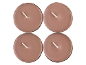 Four brown tea lights with white wicks on a black background.