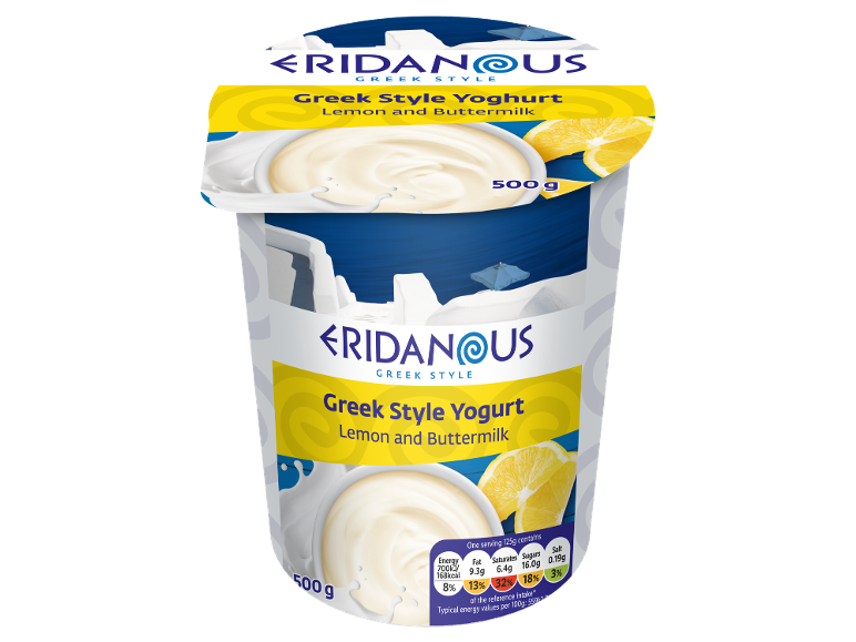 Greek style lemon and buttermilk yogurt, 500g, with nutritional information.