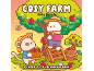 Cute children's coloring book featuring a cozy farm apple picking scene.