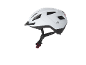 White bicycle helmet with a black visor and strap.