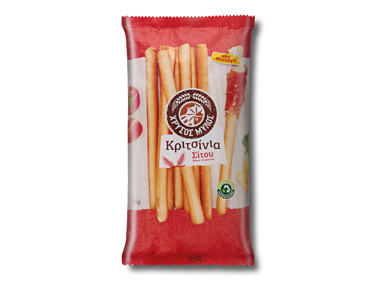 Packet of wheat breadsticks with a new recipe, shown with tomatoes and ham.