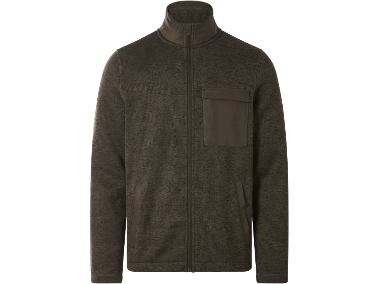 Dark brown men's zip-up fleece jacket with a stand-up collar and pockets.