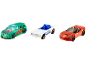 Three toy cars: a green station wagon, a white convertible, and an orange sports car.