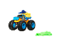 Blue and yellow monster truck toy with 'Crush Delivery' text, and a green toy car.
