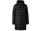 Black quilted jacket with a hood and front zipper.