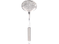 Stainless steel skimmer with a perforated head and a hanging loop on the handle.