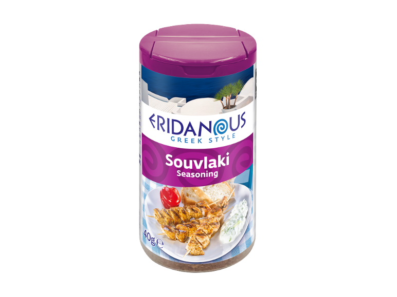 Greek style souvlaki seasoning jar with an image of chicken skewers.
