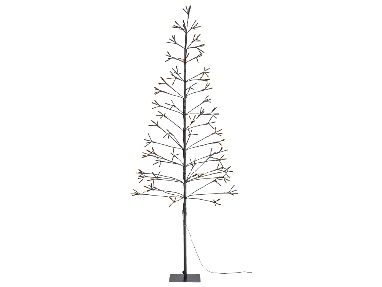 Illuminated Christmas tree with warm white LED lights, against a black background.