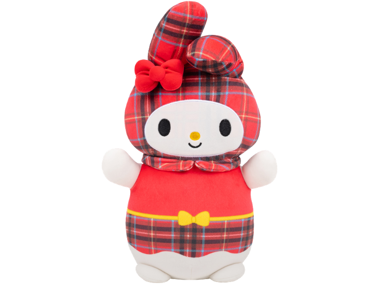 Plush rabbit with red plaid pattern and red bow.