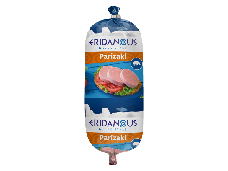Greek style Parizaki sausage on bread, with a blue background