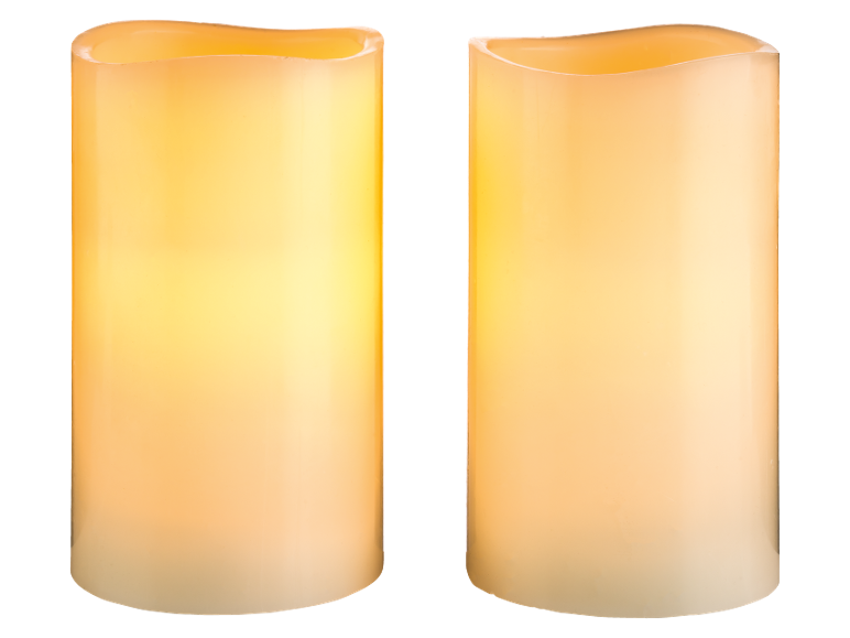 Two ivory-colored LED candles with a flickering light effect