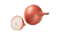 Whole and halved red onion on a black background.