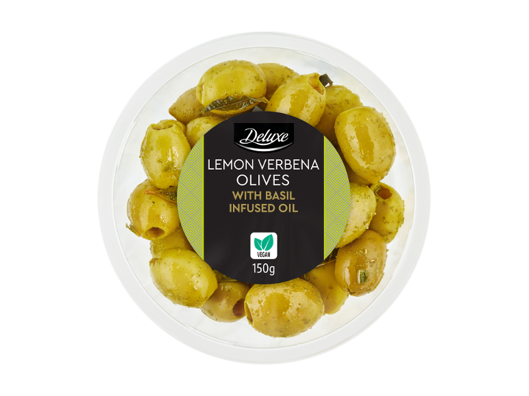 Deluxe lemon verbena olives with basil infused oil, 150g, vegan.