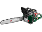 Green and black chainsaw with a long silver blade and chain.