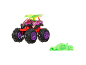 Purple monster truck with green wings and a green toy car.