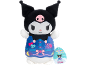 Kuromi plush toy in a blue overall with a pink skull and hearts.