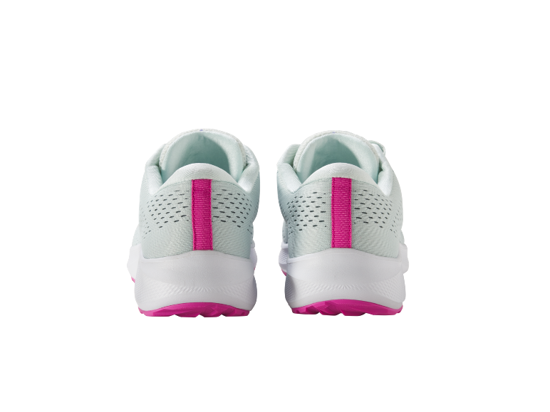 A pair of light blue running shoes with pink accents, rear view.