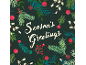 Christmas card with the text Season's Greetings on a dark green background with winter motifs.