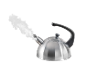 Steaming stainless steel kettle with a black handle.
