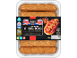 Pack of 6 hot honey pork hotdog sausages, with a prepared hotdog prominently featured.