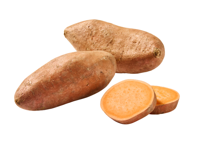 Whole and sliced sweet potatoes with orange flesh.
