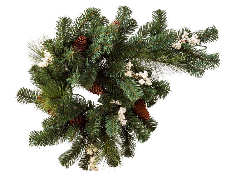 Festive Christmas wreath with pine branches, pinecones, and white berries on a black background